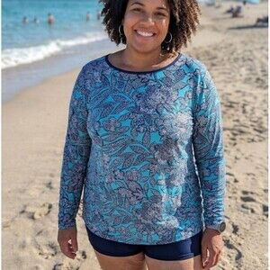 Lands' End Plus Size 2X Swim Tee Crew Neck Long Sleeve Rash Guard UPF 50 Floral